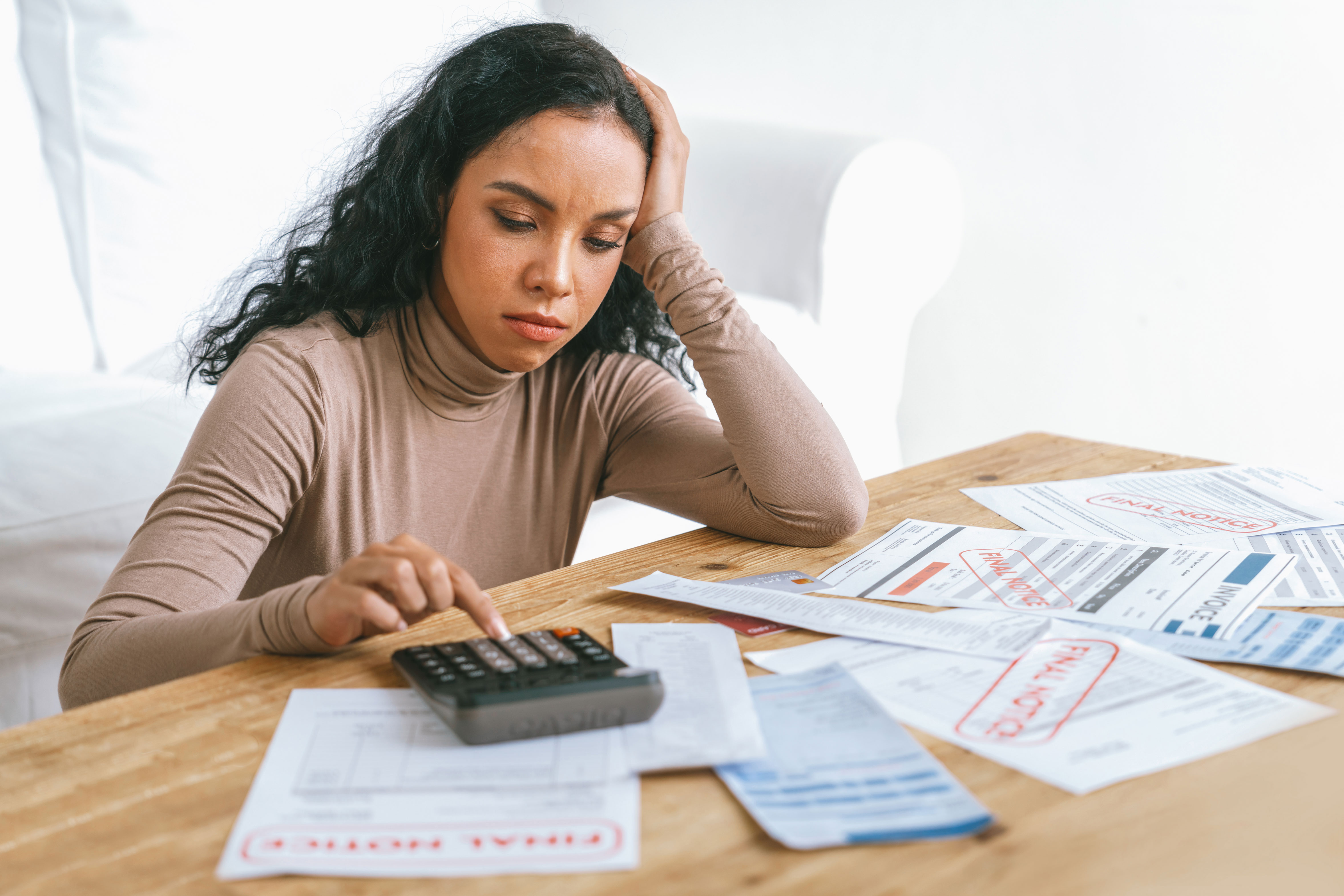 stressed young woman has financial problems with credit card debt pay crucial show concept bad personal money mortgage pay management crisis sad unhappy2